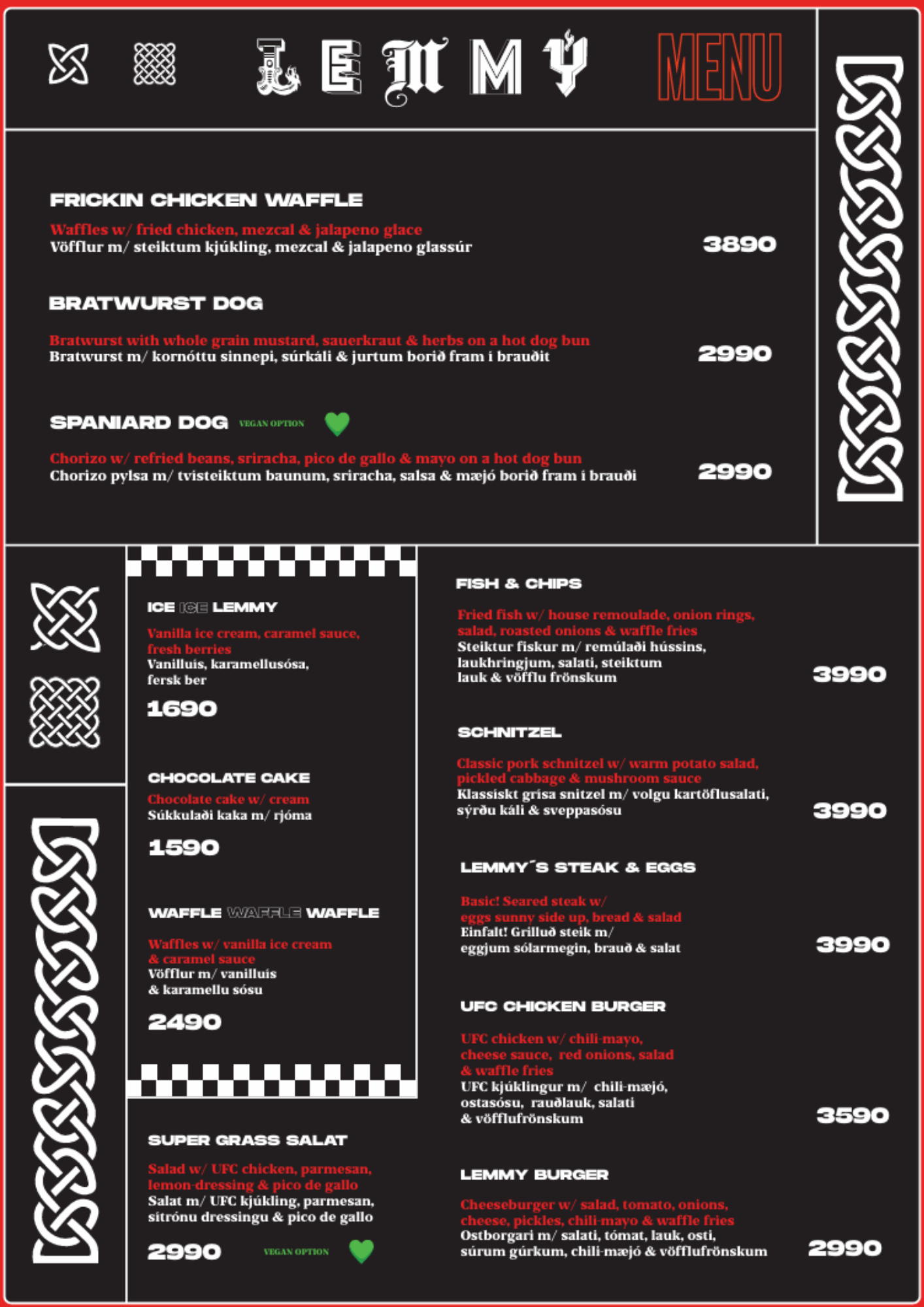 Lemmy printed menu front